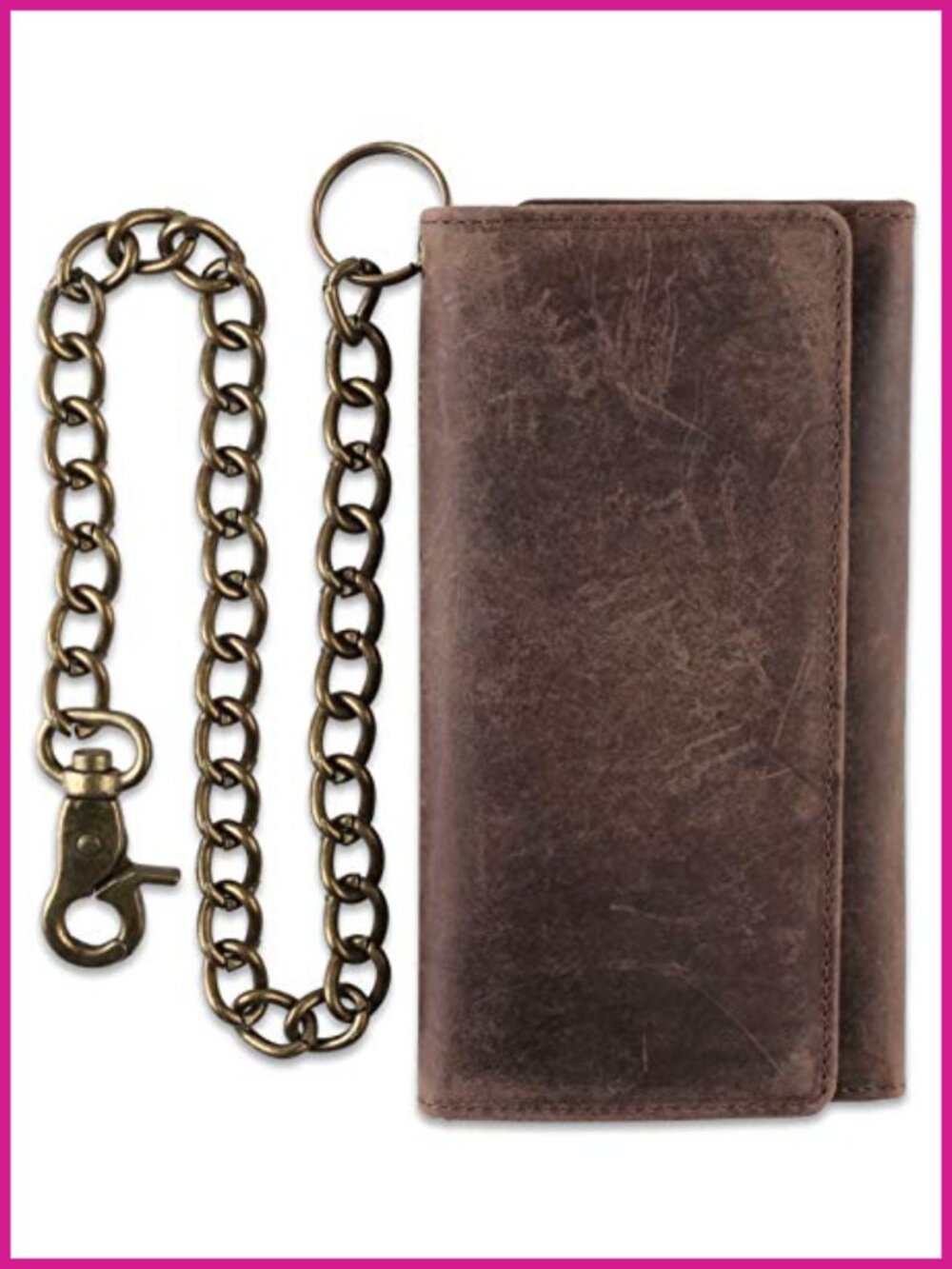 RFID Blocking Cowhide Leather Tri-fold Chain Wallet Stainless Steel